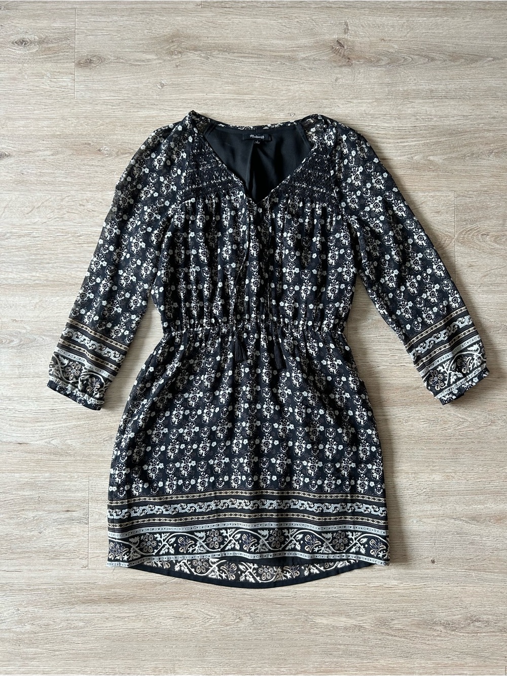 Madewell Black and White Floral Border Long Sleeve Dress